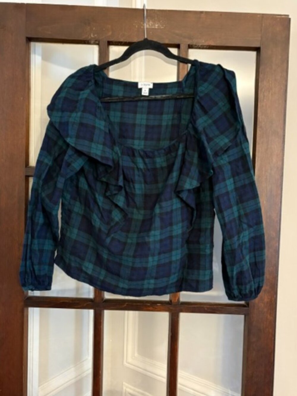 J.Crew Factory Blue and Green Plaid Blouse with Ruffles, Size Small